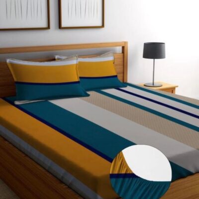 NEW TOWN Cotton Feel Glace Cotton Elastic Fitted Printed King Size Double Bed Bedsheet with 2 Pillow Covers and Fits Upto 8 inches Mattress, Size- 72"x78" Safari 2992