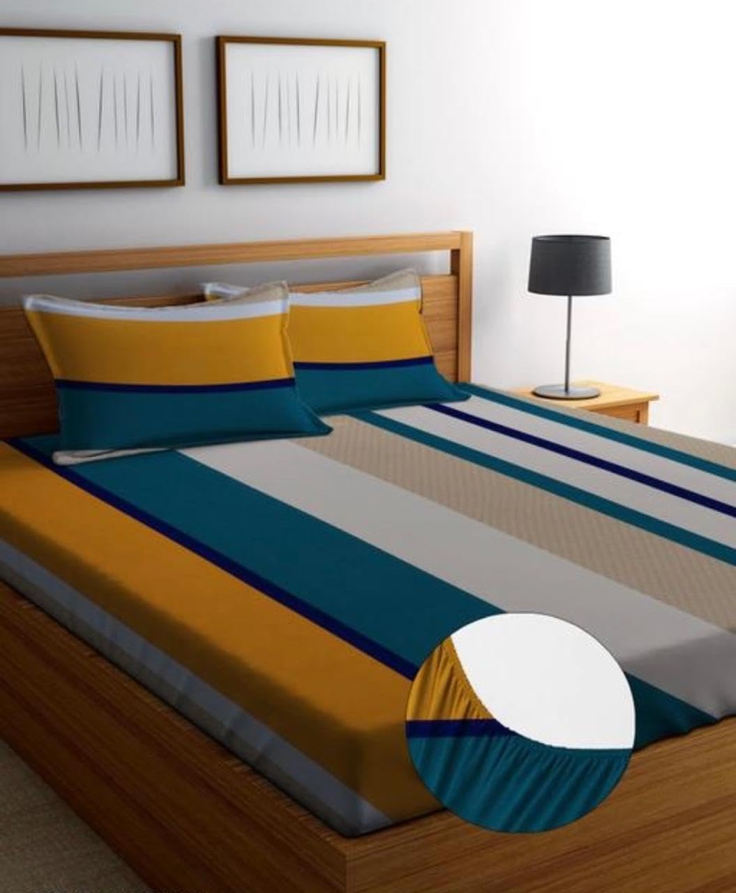 NEW TOWN Cotton Feel Glace Cotton Elastic Fitted Printed King Size Double Bed Bedsheet with 2 Pillow Covers and Fits Upto 8 inches Mattress, Size- 72"x78" Safari 2992